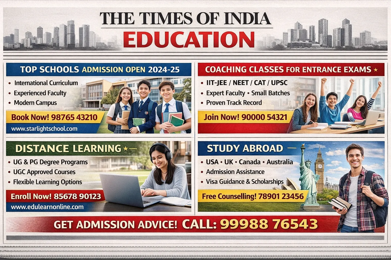 Book Education Ads in The Times of India Newspaper Online